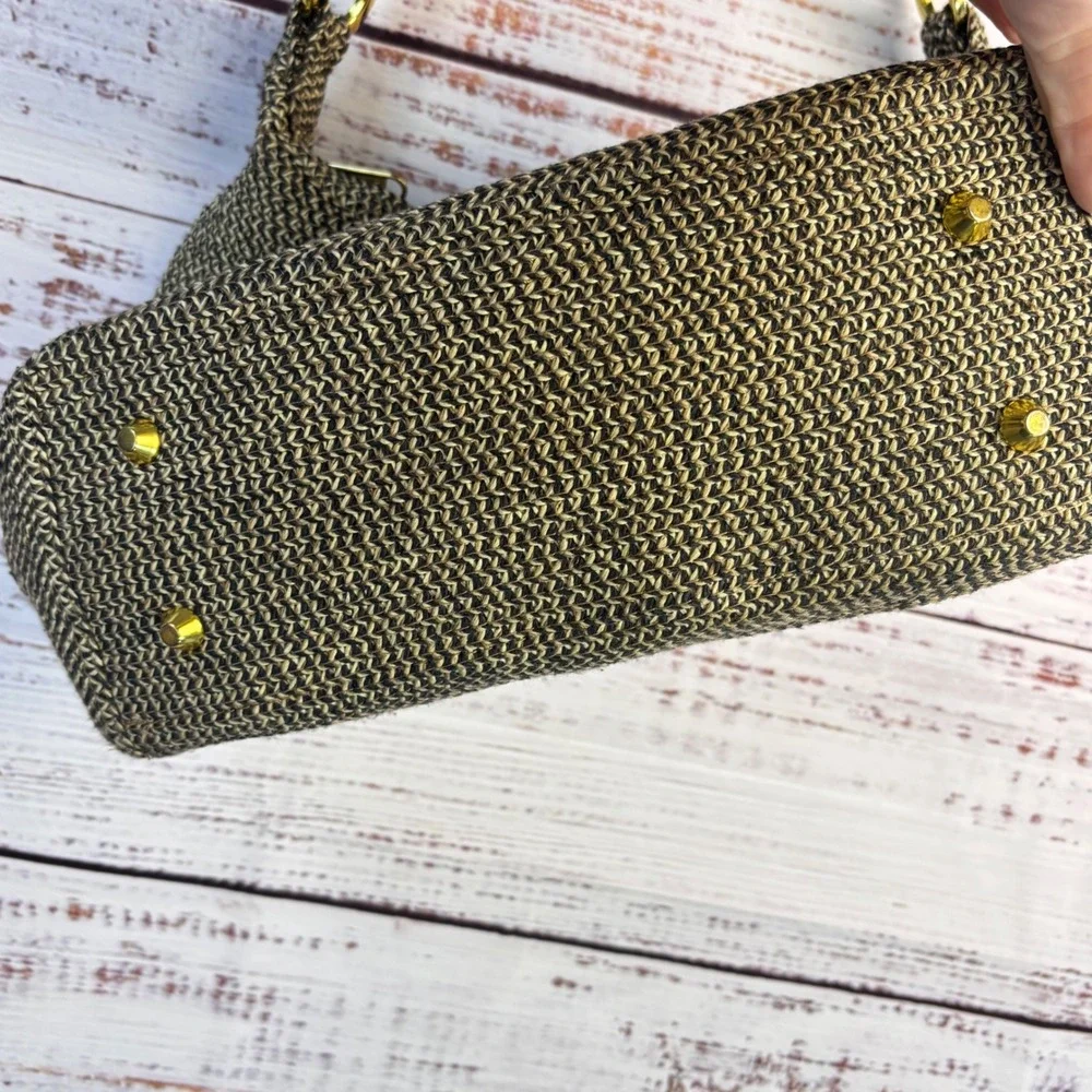Orvis Woven Straw Hobo Shoulder Bag Black Tan Paper Blend Top Zip 1004564‎ 1P5